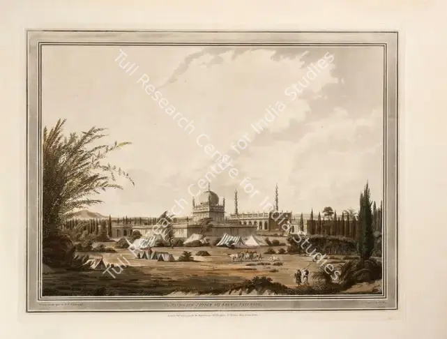 Edy, John William (Engraver). The Mausoleum of Hyder Aly Khan at Laulbaug. Print on paper, 01 August 1793 | Engraving, Twelve Views of Places in the Kingdom of Mysore, The Country of Tippoo Sultan, from Drawings Taken on the Spot, 1794 | ArcHeritage | 00156229