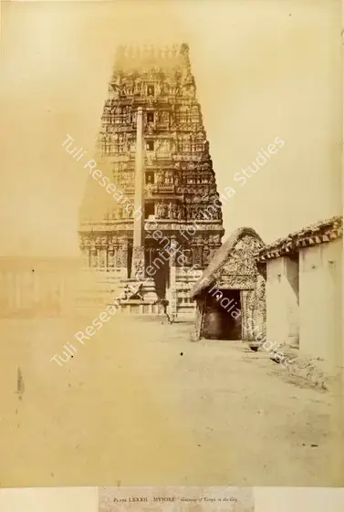 Pigou, William Henry (Photographer). Mysore. Gateway of Temple in the City - From the album "Architecture in Dharwar and Mysore Published by John Murray. London 1866. Photographs by Dr. William Henry Pigou, Dr. Andrew C. Neill and Col. Thomas Biggs with an historical and descriptive memoir by Colonel Meadows Taylor and architectural notes by James Fergusson". Albumen print pasted on mount, n.d. | Antiquarian Photograph | Photography | 00115772