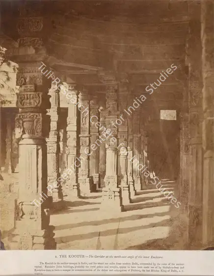 Impey, Eugene Clutterbuck (Photographer). The Kootub -The Corridor at the north east angle of the inner enclosure, Delhi - From the album "Captain E.c.Impey, 'Delhi, Agra, and Rajpootana, illustrated by eighty photographs' (Cundall, Downes, & Co., London, 1865)". Albumen print pasted on mount, Early 1860s | Antiquarian Photograph | Photography | 00115005