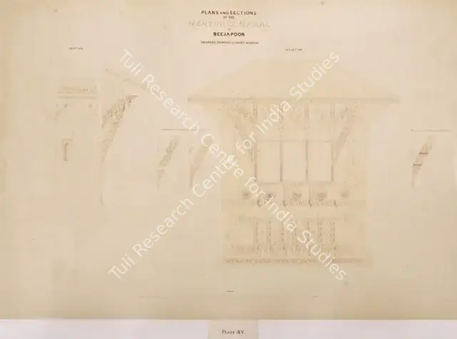 Unknown (Photographer). Plan and Sections of the Mehturee Mahal at Beejapoor - From the album "Architecture at Beejapoore. An Ancient Mohammedan Capital in the Bombay Presidency Published by John Murray. London 1866. Photographs by Dr. William Henry Pigou, Dr. Andrew c.Neill and Col. Thomas Biggs with an historical and descriptive memoir by Colonel Meadows Taylor and  architectural notes by James Fergusson". Albumen print pasted on mount, c.1850 | Antiquarian Photograph | Photography | 00115024