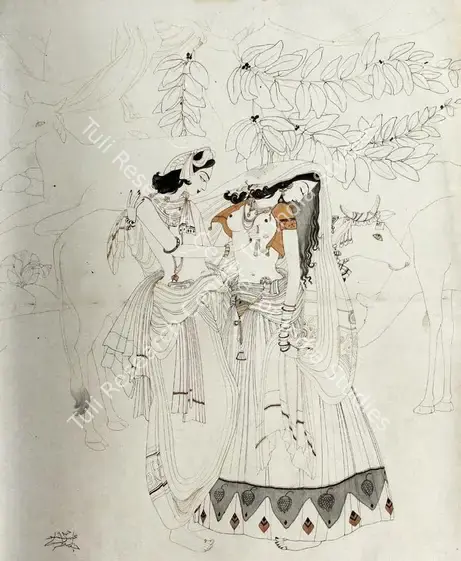 Chughtai, M.A.R. (Artist). Radha - Krishna. Line wash heightened with watercolour on paper, n.d. | Painting | FineArts | 00897395