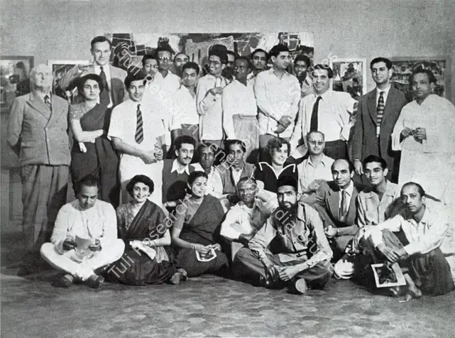 (Photographer). Husain with K. H. Ara, Dr. Mulk Raj Anand and other supporters of PAG at Bombay Art Society Salon. Photographic Still, 1947 | Contemporary Photograph, Barefoot Across the Nation, 2011 | Photography | 00501648