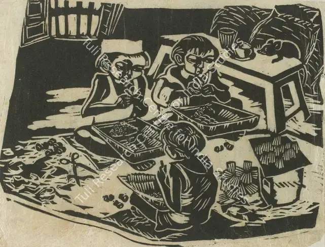 Chittaprosad (Artist). Child Labour- The Bidi Workers. Linocut on tracing paper pasted on mountboard, c. 1952 | Chittaprosad, 2011 | Graphic Art | FineArts | 00710181