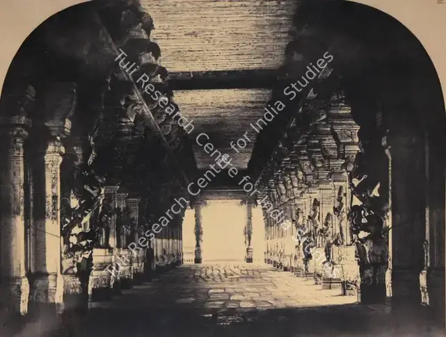 Tripe, Capt. Linnaeus (Photographer). View of the Nave from the Simhasanum at the Westend, Madura - From the album "Photographic views in Madura Part 1 (1860)" By Captain L.. Tripe, Government Photographer With Descriptive Notes, By M. Norman, ESQ., M.C.S. 1858". Albumen print from dry collodion glass negative, 1858 | Antiquarian Photograph | Photography | 00116065
