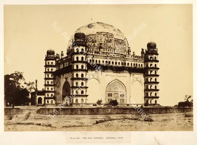Biggs, Colonel Thomas (Photographer). The Gol Goomuz. General view. - From the album "Architecture at Beejapoore. An Ancient Mohammedan Capital in the Bombay Presidency Published by John Murray. London 1866. Photographs by Dr. William Henry Pigou, Dr. Andrew c.Neill and Col. Thomas Biggs with an historical and descriptive memoir by Colonel Meadows Taylor and  architectural notes by James Fergusson". Albumen print pasted on mount, c.1855 | Antiquarian Photograph | Photography | 00115028