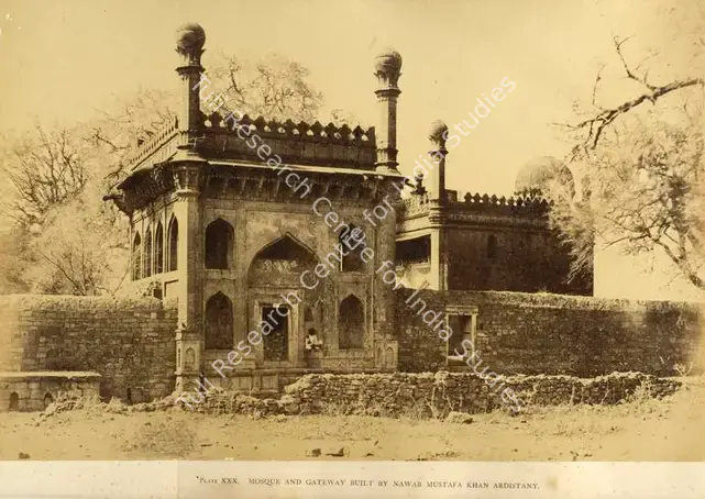 Biggs, Colonel Thomas (Photographer). Mosque and Gateway Built by Nawab Mustafa Khan Ardistany - From the album "Architecture at Beejapoore. An Ancient Mohammedan Capital in the Bombay Presidency Published by John Murray. London 1866. Photographs by Dr. William Henry Pigou, Dr. Andrew c.Neill and Col. Thomas Biggs with an historical and descriptive memoir by Colonel Meadows Taylor and  architectural notes by James Fergusson". Albumen print pasted on mount, c.1855 | Antiquarian Photograph | Photography | 00115070