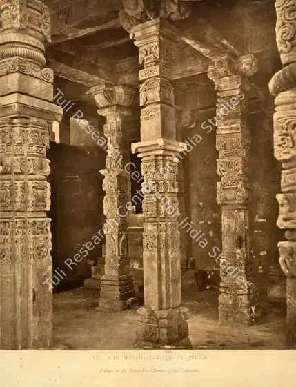 Shepherd, Charles (Photographer). The Masjid-I-Kutb-Ul-Islam. Pillars in the North-East Corner of the Colonnade. Calotype print pasted on mount, n.d. | Antiquarian Photograph | Photography | 00115823