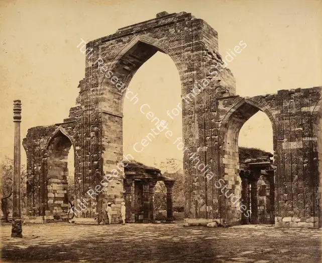 Bourne, Samuel (Photographer). The great Arch and iron pillar at the Kootub - From the album 'Views of Delhi and Umballa by Samuel Bourne'. Albumen print pasted on mount, c.1865-1866 | Antiquarian Photograph | Photography | 00115200