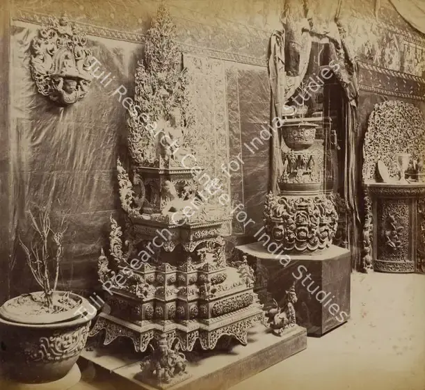 Narayan, Shew Shankar (Photographer). Buddha's Shrine and Flower pots modelled in clay - Burmese Court - From the album 'Calcutta International 1883-84 Exhibition Views'. Albumen print pasted on mount, 1883-1884 | Antiquarian Photograph | Photography | 00115300