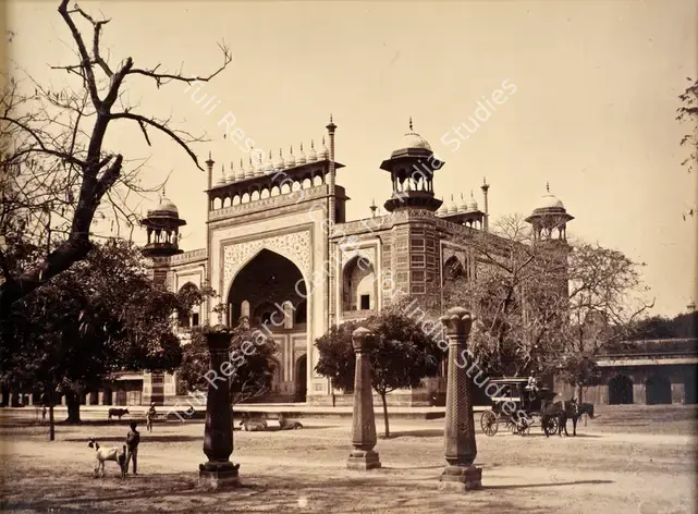 Dayal, Lala Deen (Photographer). Three old lantern posts (without the lanterns on top) in the north-eastern quadrangle to the south of the main gate to the Taj Mahal, Agra. Albumen print, c.1880 | Antiquarian Photograph | Photography | 00115954
