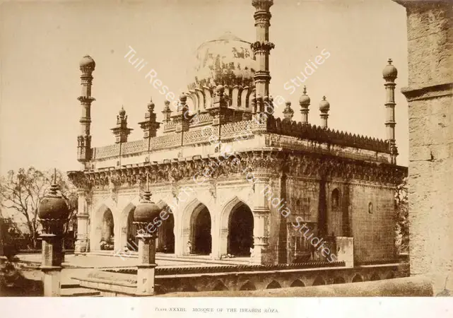 Biggs, Colonel Thomas (Photographer). Mosque of the Ibrahim Roza, Bijapur - From the album "Architecture at Beejapoore. An Ancient Mohammedan Capital in the Bombay Presidency Published by John Murray. London 1866. Photographs by Dr. William Henry Pigou, Dr. Andrew c.Neill and Col. Thomas Biggs with an historical and descriptive memoir by Colonel Meadows Taylor and  architectural notes by James Fergusson". Albumen print pasted on mount, 1855 | Antiquarian Photograph | Photography | 00115011