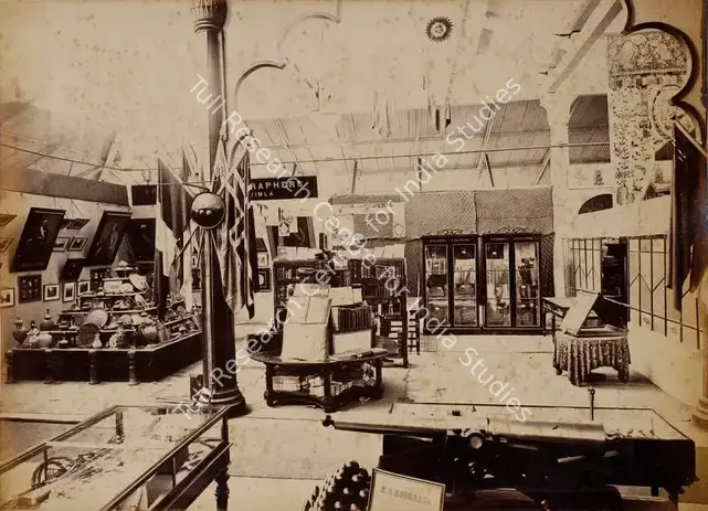 Narayan, Shew Shankar (Photographer). Interior of the Calcutta Court - 1st View - From the album 'Calcutta International 1883-84 Exhibition Views'. Albumen print pasted on mount, 1883-1884 | Antiquarian Photograph | Photography | 00115309