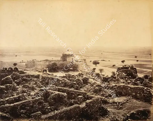 Bourne, Samuel (Photographer). Tomb of the Emperor Togluk - Ruins of the Fort in the foreground - From the album 'Views of Delhi and Umballa by Samuel Bourne'. Albumen print pasted on mount, c.1865-1866 | Antiquarian Photograph | Photography | 00115209