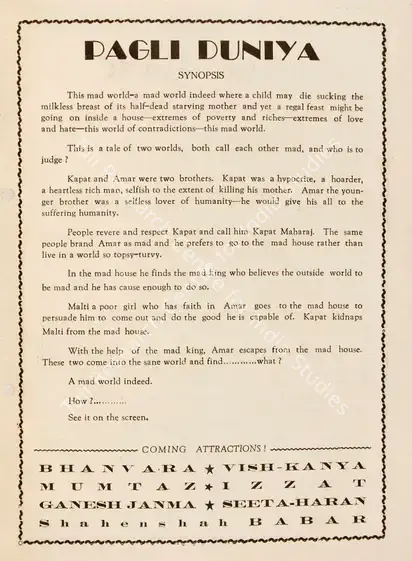 Irani, Aspi (Director), Pagli Duniya, 1944 | Song-Synopsis Booklet | CinemaEducation | 00779601