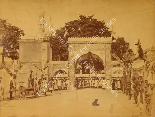 Dayal, Lala Deen (Photographer). Khanabagh Arch - From the album 'H.R.H. Prince Albert Victor's Visit Hyderabad (Deccan) November 1889. Lala Deen Dayal State Photographer, Secunderabad and Indore O.I.'. Albumen print pasted on mount, November 1889 | Antiquarian Photograph | Photography | 00115325