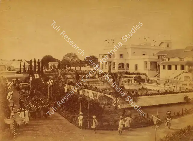 Dayal, Lala Deen (Photographer). Bashir-bagh Palace - From the album 'H.R.H. Prince Albert Victor's Visit Hyderabad (Deccan) November 1889. Lala Deen Dayal State Photographer, Secunderabad and Indore O.I.'. Albumen print pasted on mount, November 1889 | Antiquarian Photograph | Photography | 00115326