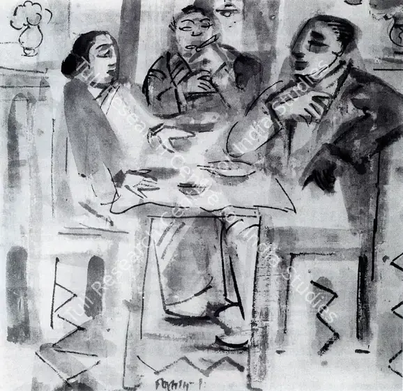Mukherjee, B.B. (Artist). Restaurant. Tempera on Silk, Ealry 1950's | Marg, 1999 | Textile | FineArts | 00675205