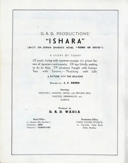 Wadia, D. R. D. (Producer), Ishara, 1943 | Advertisement, Filmindia, October 1942 | CinemaEducation | 00858531