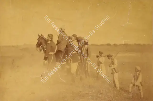 Dayal, Lala Deen (Photographer). H.H. The Nizam watching the Prince at Shikar - From the album 'H.R.H. Prince Albert Victor's Visit Hyderabad (Deccan) November 1889. Lala Deen Dayal State Photographer, Secunderabad and Indore O.I.'. Albumen print pasted on mount, November 1889 | Antiquarian Photograph | Photography | 00115319
