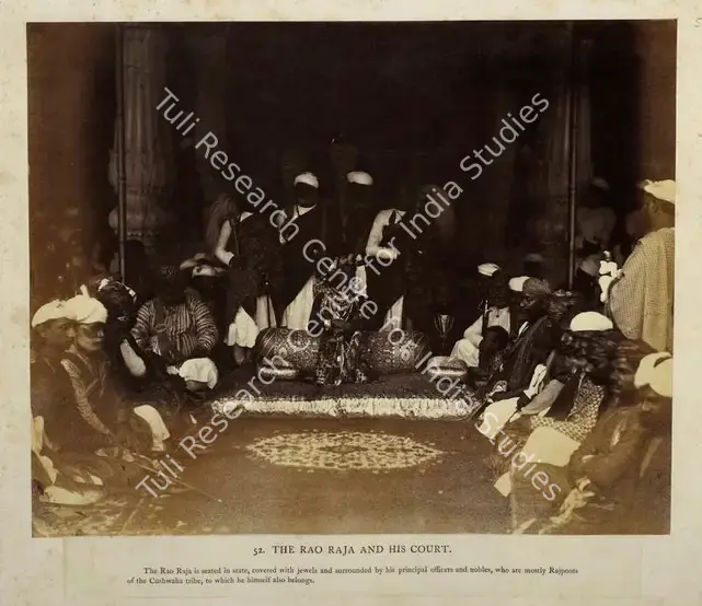 Impey, Eugene Clutterbuck (Photographer). The Rao Raja and his Court - From the album "Captain E.c.Impey, 'Delhi, Agra, and Rajpootana, illustrated by eighty photographs' (Cundall, Downes, & Co., London, 1865)". Albumen print pasted on mount, Early 1860s | Antiquarian Photograph | Photography | 00115004