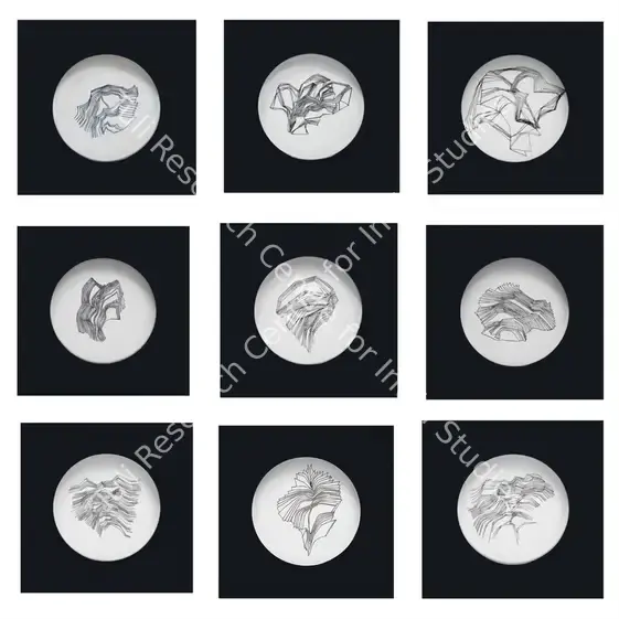 Patel, Dashrath (Artist). A Set of Nine Ceramic Plates. Ink glaze on ceramic, n.d. | Sculpture | EconomicsArt | 00873053
