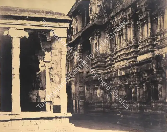 Tripe, Capt. Linnaeus (Photographer). The inner Facade of the gateway of the East Gopuram - From the album "Photographic views in Madura Part 1 (1860)" By Captain L.. Tripe, Government Photographer With Descriptive Notes, By M. Norman, ESQ., M.C.S. 1858". Albumen print from waxed paper negative, 1858 | Antiquarian Photograph | Photography | 00116041