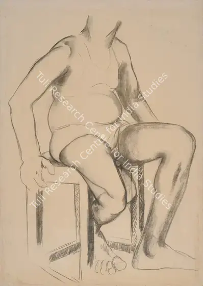 Patwardhan, Sudhir (Artist). Man on a Stool. Pencil on paper laid on card, 1982 | Drawing | FineArts | 00356869