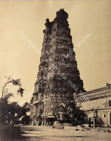 Tripe, Capt. Linnaeus (Photographer). The Western Gopuram, Madura - From the album "Photographic views in Madura Part 1 (1860)" By Captain L.. Tripe, Government Photographer With Descriptive Notes, By M. Norman, ESQ., M.C.S. 1858". Albumen print from waxed paper negative, 1858 | Antiquarian Photograph | Photography | 00116033