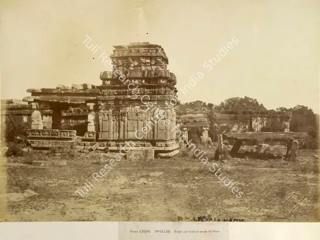 Biggs, Colonel Thomas (Photographer). Iwullee. Temple and Cromlech outside the Town - From the album "Architecture in Dharwar and Mysore Published by John Murray. London 1866. Photographs by Dr. William Henry Pigou, Dr. Andrew C. Neill and Col. Thomas Biggs with an historical and descriptive memoir by Colonel Meadows Taylor and architectural notes by James Fergusson". Albumen print pasted on mount, n.d. | Antiquarian Photograph | Photography | 00115581