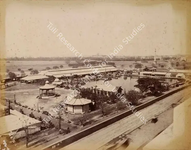 Narayan, Shew Shankar (Photographer). Birds eye View of the Machinery Shed and its Surroundings - From the album 'Calcutta International 1883-84 Exhibition Views'. Albumen print pasted on mount, 1883-1884 | Antiquarian Photograph | Photography | 00115313