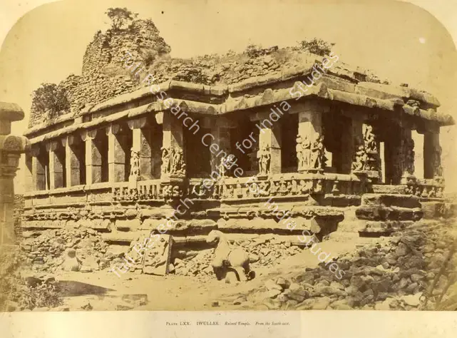 Biggs, Colonel Thomas (Photographer). Iwullee. Ruined Temple. From the South-east - Architecture in Dharwar and Mysore Published by John Murray. London 1866. Photographs by Dr. William Henry Pigou, Dr. Andrew C. Neill and Col. Thomas Biggs with an historical and descriptive memoir by Colonel Meadows Taylor and architectural notes by James Fergusson. Albumen print pasted on mount, c.1855 | Antiquarian Photograph | Photography | 00115968