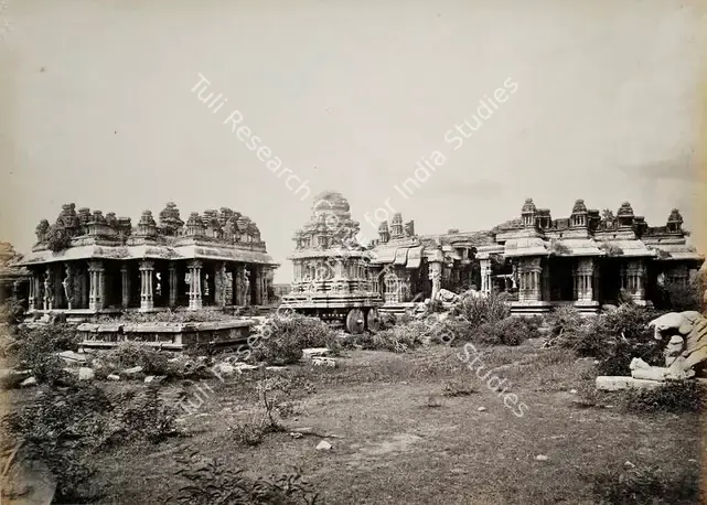 Lyon, Edmund David (Photographer). The Vigiovittaldover; a ruined temple near the Toomboodra River (general view of stow car and mandapams). Albumen print pasted on mount, n.d. | Antiquarian Photograph | Photography | 00115700