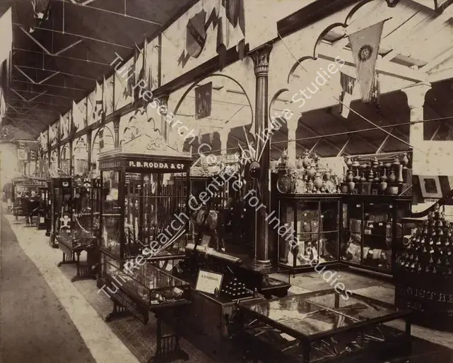 Narayan, Shew Shankar (Photographer). Interior of the Calcutta Court - 2nd View - From the album 'Calcutta International 1883-84 Exhibition Views'. Albumen print pasted on mount, 1883-1884 | Antiquarian Photograph | Photography | 00115310
