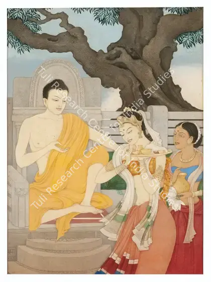 Mukherji, Rama (Artist). Untitled (Buddha with Ambapali). Watercolour on paper, 1956 | Painting  | 00867613