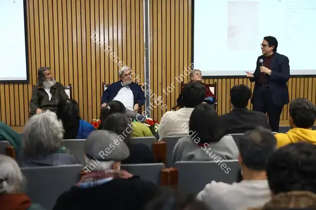 Unknown (Photographer). KHWAJA AHMAD ABBAS: A Karmayogi's Polymathic Vision of Love - In frame: (L to R)- Neville Tuli, Saeed Akhtar Mirza, Dr. Syeda Hameed, Ajitabh Bachchan. 08 February 2026 | Photographic Still | Photography | 00881999