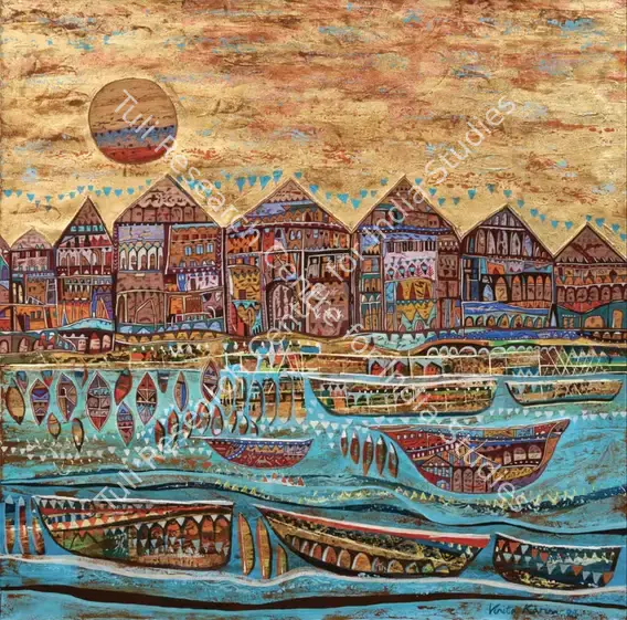 Karim, Vinita (Artist). Abode of the Gods. Acrylic, embroidery, gold and copper on Belgian linen, 2024 | Painting | FineArts | 00603815