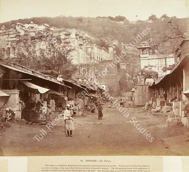 Impey, Eugene Clutterbuck (Photographer). Boondee - The Palace - From the album "Captain E.c.Impey, 'Delhi, Agra, and Rajpootana, illustrated by eighty photographs' (Cundall, Downes, & Co., London, 1865)". Albumen print pasted on mount, 1860 | Antiquarian Photograph | Photography | 00115106