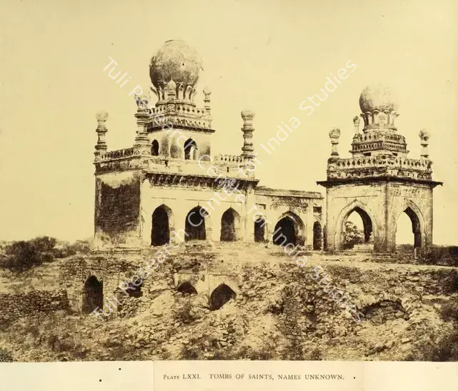 Biggs, Colonel Thomas (Photographer). Tombs of Saints, Names Unknown, Bijapur - From the album "Architecture at Beejapoore. An Ancient Mohammedan Capital in the Bombay Presidency Published by John Murray. London 1866. Photographs by Dr. William Henry Pigou, Dr. Andrew C. Neill and Col. Thomas Biggs with an historical and descriptive memoir by Colonel Meadows Taylor and architectural notes by James Fergusson". Albumen print pasted on mount, n.d. | Antiquarian Photograph | Photography | 00115586