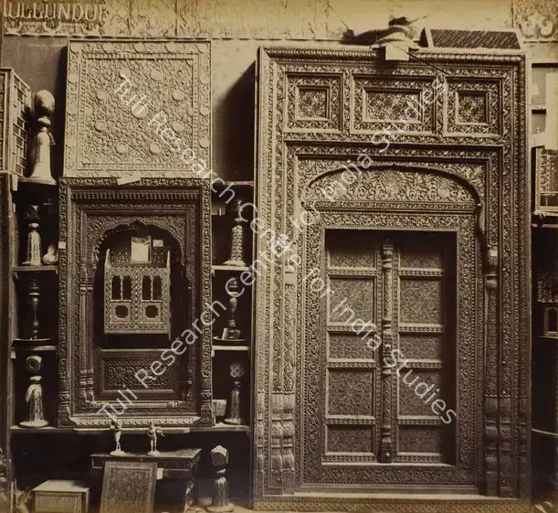 Narayan, Shew Shankar (Photographer). Carved, inlaid and lacquered Wood Work - Punjab Court - From the album 'Calcutta International 1883-84 Exhibition Views'. Albumen print pasted on mount, 1883-1884 | Antiquarian Photograph | Photography | 00115284