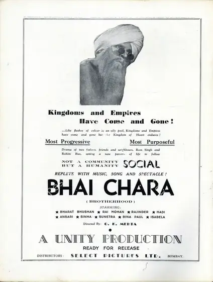 Prashar, L.R. (Producer), Bhai Chara, 1943 | Advertisement, Filmindia, January 1944 | CinemaEducation | 00858574