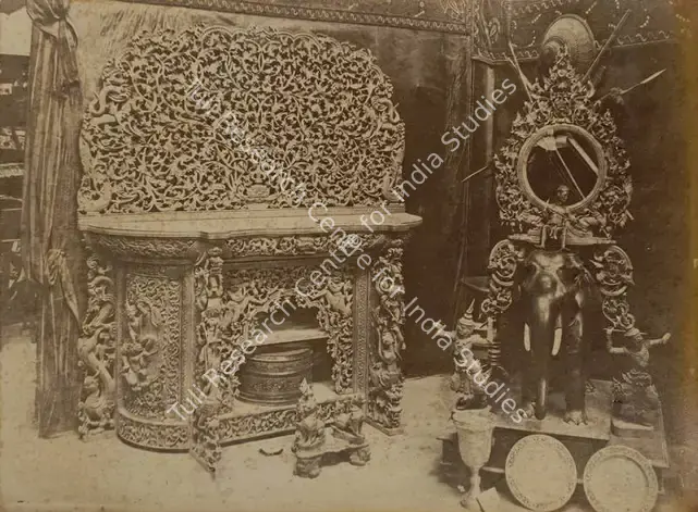 Narayan, Shew Shankar (Photographer). Carved Wood Sideboard and Stand for a Gong - Burmese Court - From the album 'Calcutta International 1883-84 Exhibition Views'. Albumen print pasted on mount, 1883-1884 | Antiquarian Photograph | Photography | 00115298