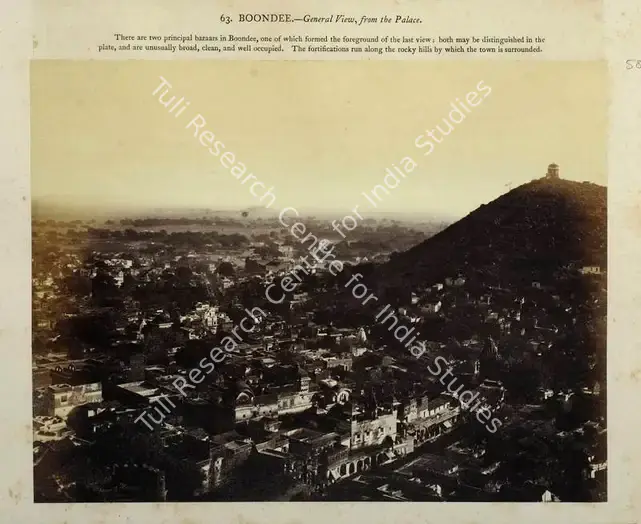 Impey, Eugene Clutterbuck (Photographer). Boondee - General view, from the Palace - From the album "Captain E.c.Impey, 'Delhi, Agra, and Rajpootana, illustrated by eighty photographs' (Cundall, Downes, & Co., London, 1865)". Albumen print pasted on mount, Early 1860s | Antiquarian Photograph | Photography | 00115003