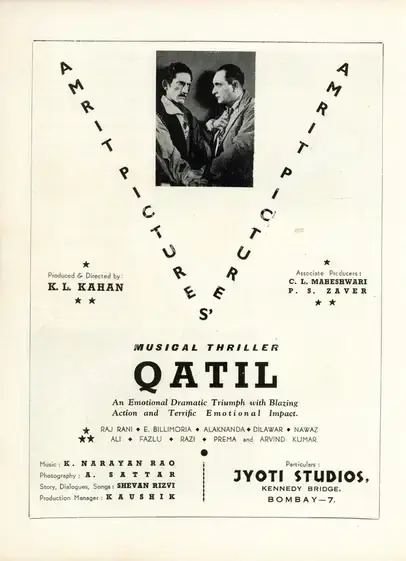 Kumar, Shanti (Director), Qatil, 1944 | Advertisement, Filmindia, March 1944 | CinemaEducation | 00858664