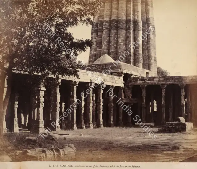 Impey, Eugene Clutterbuck (Photographer). The Kootub - South-east corner of the Enclosure, with the base of the Minaret, Delhi - From the album "Captain E.c.Impey, 'Delhi, Agra, and Rajpootana, illustrated by eighty photographs' (Cundall, Downes, & Co., London, 1865)". Albumen print pasted on mount, Early 1860s | Antiquarian Photograph | Photography | 00114997