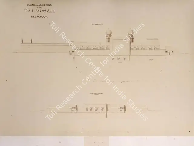 Unknown (Photographer). Plans and Sections of the Taj Bowree at Beejapoor - From the album "Architecture at Beejapoore. An Ancient Mohammedan Capital in the Bombay Presidency Published by John Murray. London 1866. Photographs by Dr. William Henry Pigou, Dr. Andrew c.Neill and Col. Thomas Biggs with an historical and descriptive memoir by Colonel Meadows Taylor and  architectural notes by James Fergusson". Albumen print pasted on mount, c.1850 | Antiquarian Photograph | Photography | 00115026
