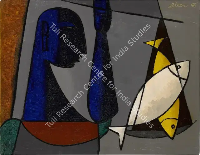 De, Biren (Artist). Man Weighing Fish. Oil on canvas, 1956 | Painting | FineArts | 00416534