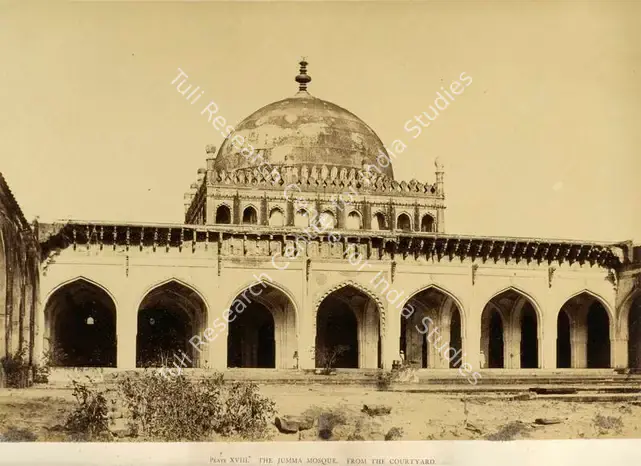 Biggs, Colonel Thomas (Photographer). The Jumma Mosque. From the courtyard, Bijapur - From the album "Architecture at Beejapoore. An Ancient Mohammedan Capital in the Bombay Presidency Published by John Murray. London 1866. Photographs by Dr. William Henry Pigou, Dr. Andrew c.Neill and Col. Thomas Biggs with an historical and descriptive memoir by Colonel Meadows Taylor and  architectural notes by James Fergusson". Albumen print pasted on mount, c.1855 | Antiquarian Photograph | Photography | 00115112