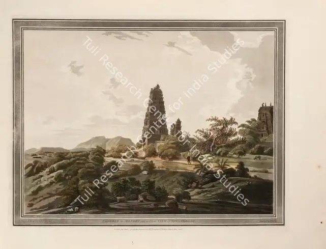 Edy, John William (Engraver). Pagodas at Maugry with a distant view of Sewandroog. Print on paper, 01 January 1794 | Engraving, Twelve Views of Places in the Kingdom of Mysore, The Country of Tippoo Sultan, from Drawings Taken on the Spot, 1794 | ArcHeritage | 00156223