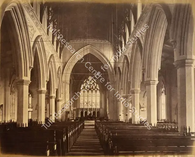 Bourne, Samuel (Photographer). Interior of the Umballa Church - From the album 'Views of Delhi and Umballa by Samuel Bourne'. Albumen print pasted on mount, c.1865-1866 | Antiquarian Photograph | Photography | 00115216