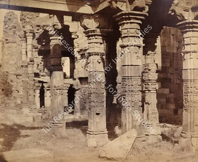 Impey, Eugene Clutterbuck (Photographer). The Kootub - Part of the Jain Temple converted into a Mosque, Delhi - From the album "Captain E.c.Impey, 'Delhi, Agra, and Rajpootana, illustrated by eighty photographs' (Cundall, Downes, & Co., London, 1865)". Albumen print pasted on mount, Early 1860s | Antiquarian Photograph | Photography | 00114996